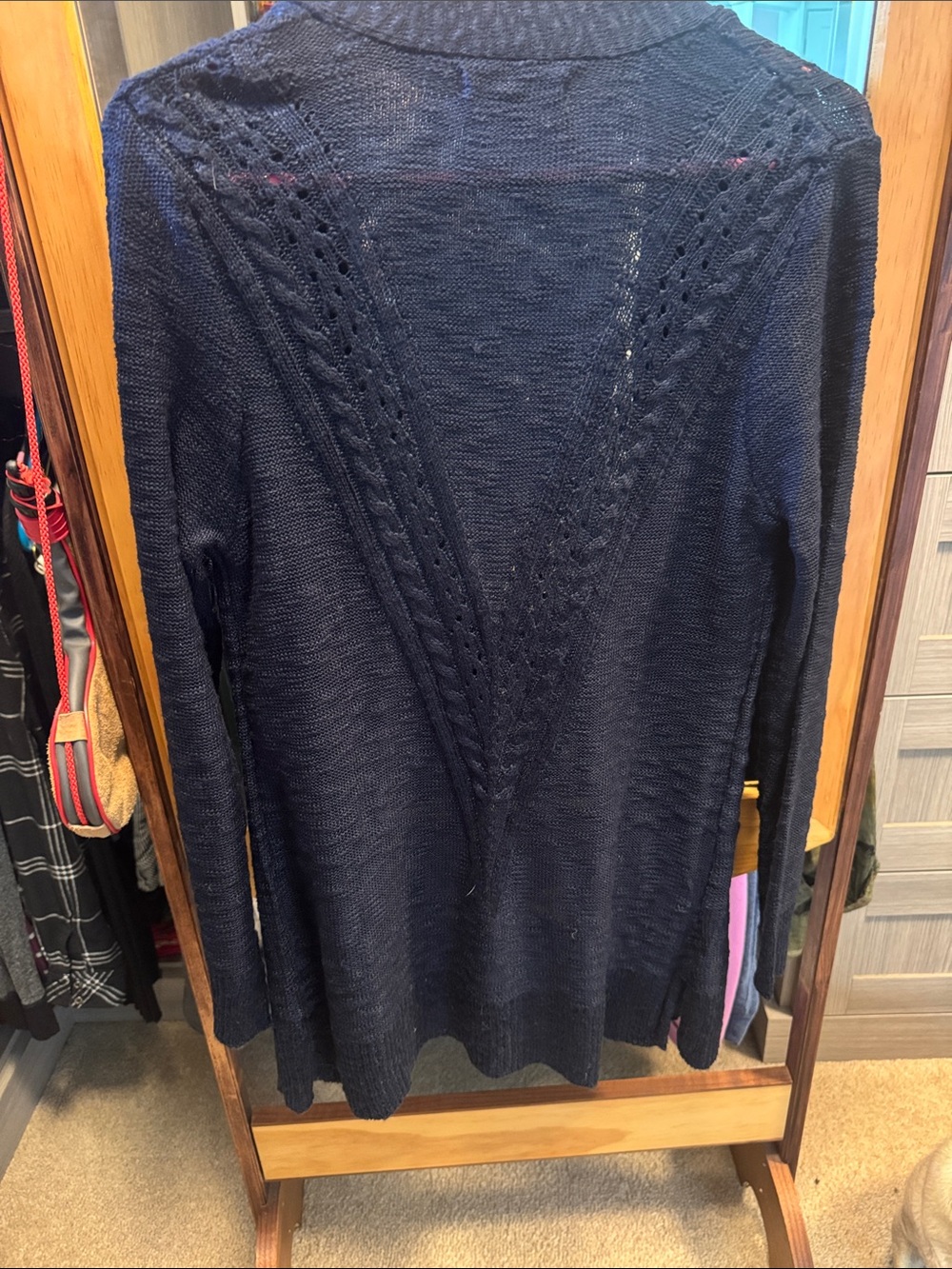 Open-Front Navy Cable-Trim Women's Cardigan